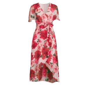 Eliza J Floral Dress Red V Neck Flutter Sleeve Romantic Feminine Size 2 Wedding